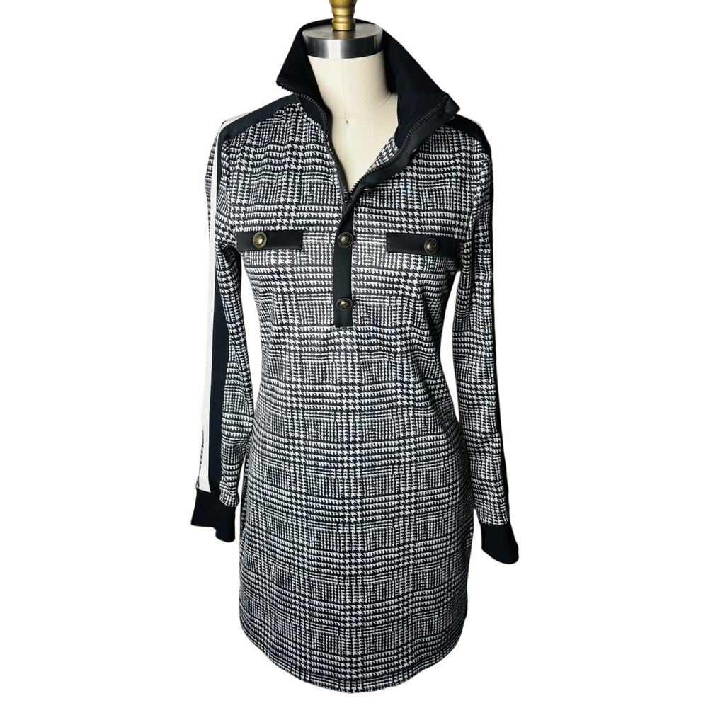 Pam & Gela Glen Tart Houndstooth Track Dress Size S Black White Zip Mini